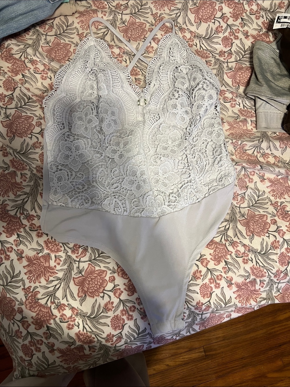 Rue21 Lace-Front Light Gray Bodysuit
